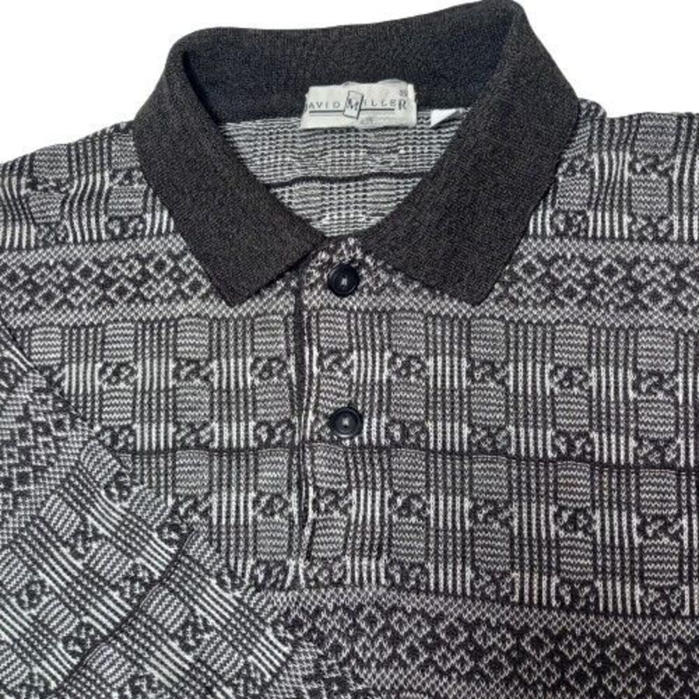Size 38 PittoPit 20¼" Vintage David Miller Grey Pattern Collared Button Jumper - Picture 2 of 3